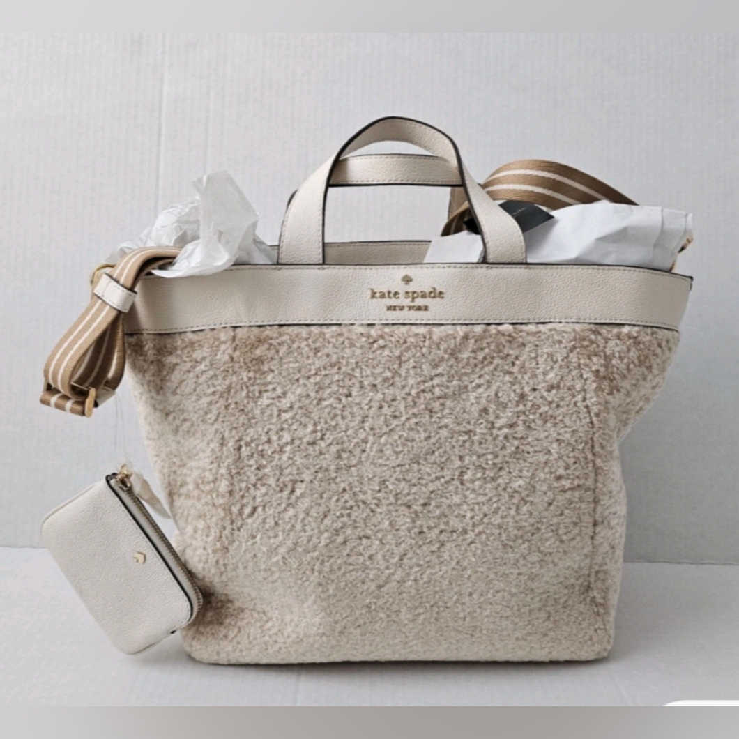 Kate Spade Nwt Rosie Beige Shearling & Cream Leather Satchel Tote W/Coin Pouch